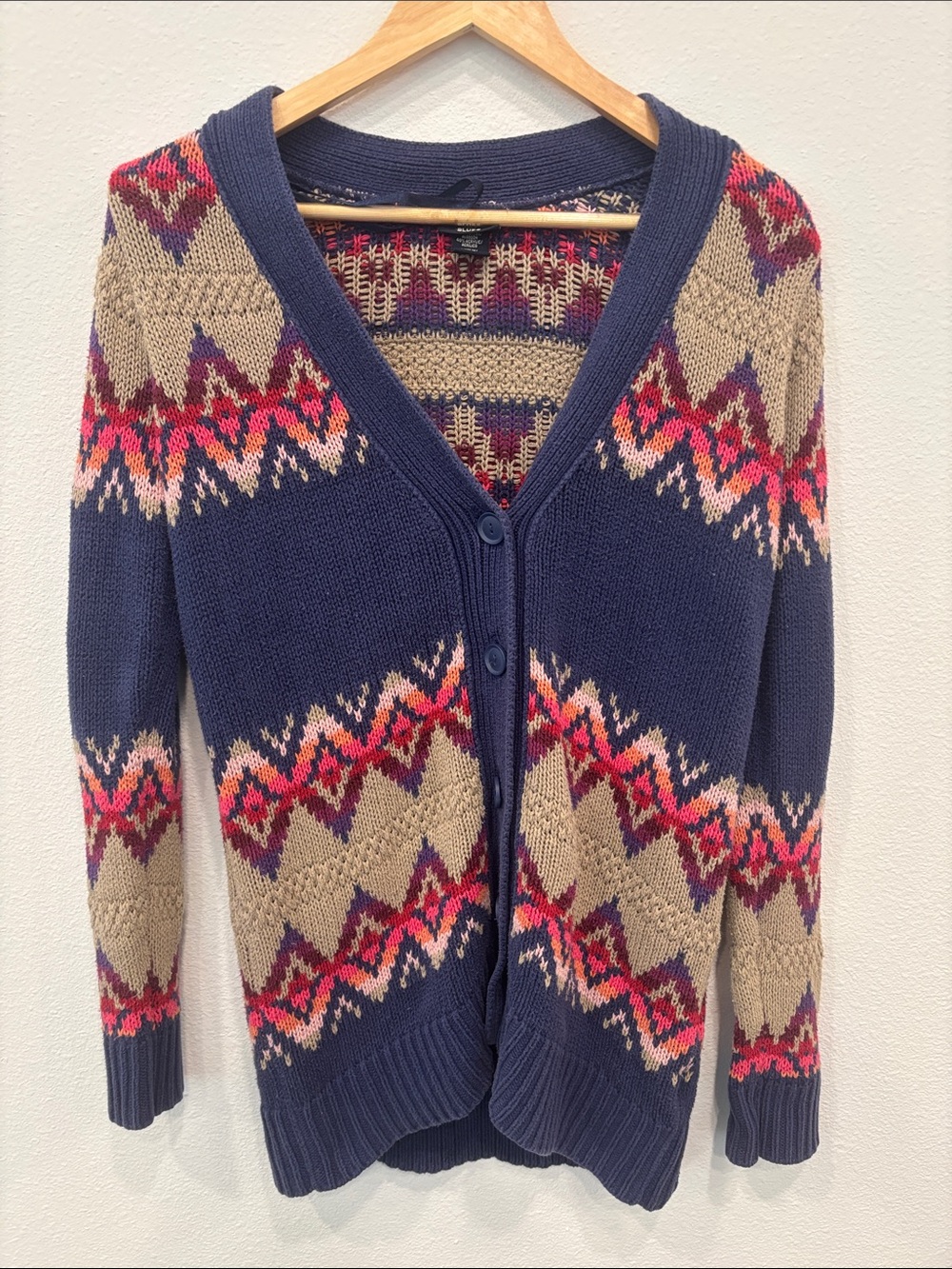 Navy Patterned V-Neck Cardigan Sweater - Women's